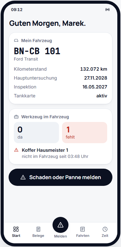 Fahrer-App mit Fahrzeug, Terminen und dem Hinweis, dass ein Werkzeugkoffer fehlt