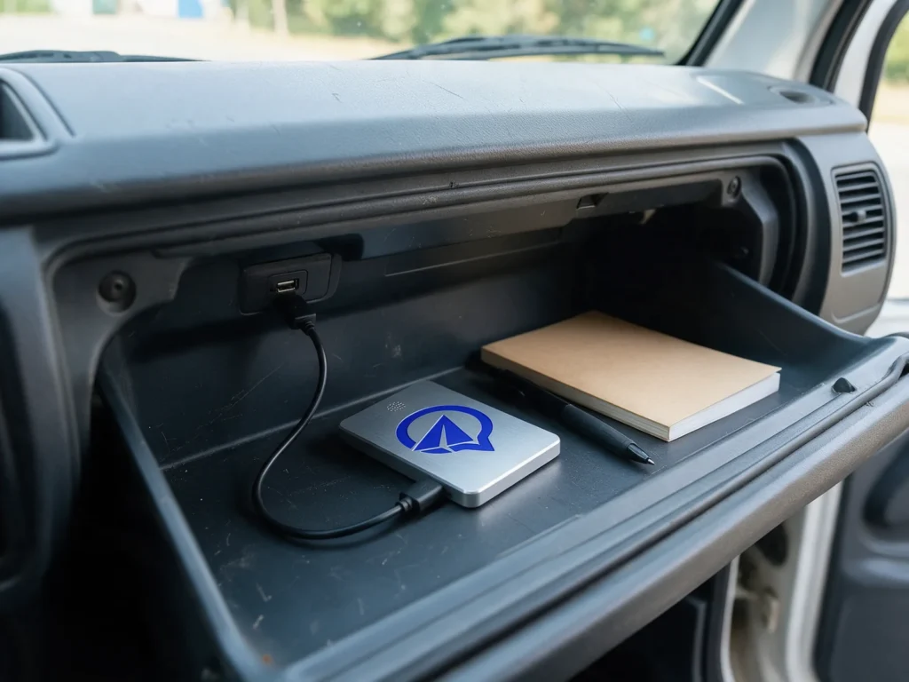 Beispielbild: Tracker als Station im Handschuhfach eines Transporters, per USB-Kabel am Bordnetz