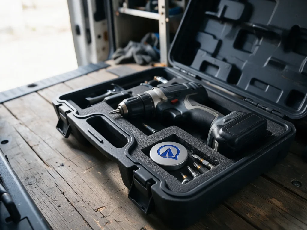 Beispielbild: Bluetooth-Tag im Zubehörfach eines geöffneten Akkuschrauber-Koffers im Transporter