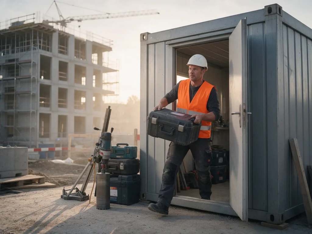 Bauarbeiter trägt einen Werkzeugkoffer aus dem Baucontainer, davor stehen ein Kernbohrgerät und weitere Koffer