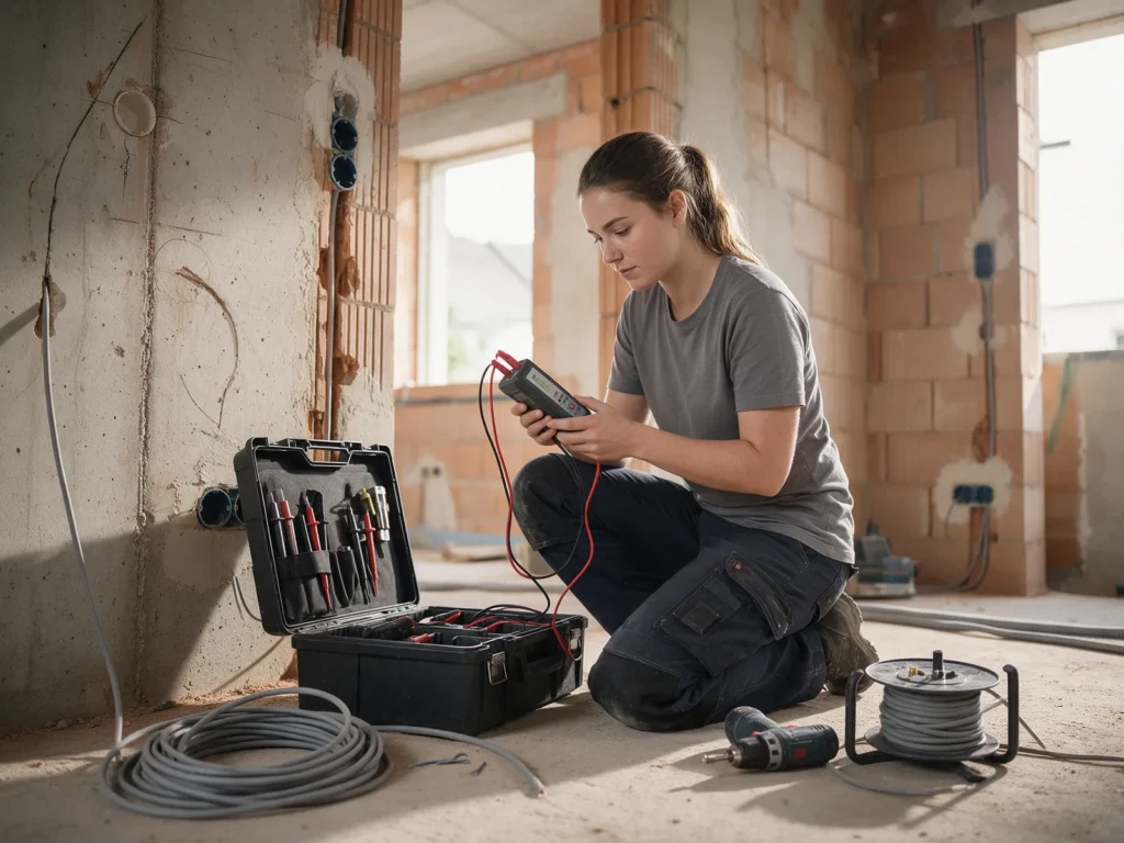 Elektrikerin prüft im Rohbau mit dem Installationstester, neben ihr der offene Werkzeugkoffer und Kabel
