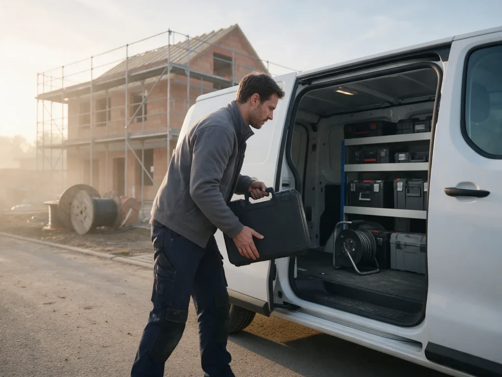 Elektriker holt am frühen Morgen einen Werkzeugkoffer aus dem Transporter, im Hintergrund ein Rohbau mit Gerüst und Kabeltrommeln