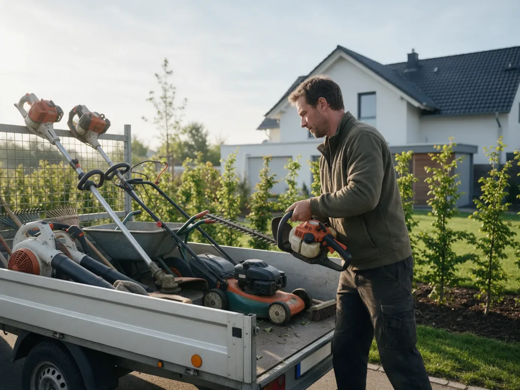 Landschaftsgärtner holt am Morgen eine Heckenschere vom Anhänger, darauf Freischneider, Laubbläser und Rasenmäher, dahinter ein Neubau mit frisch gepflanzter Hecke
