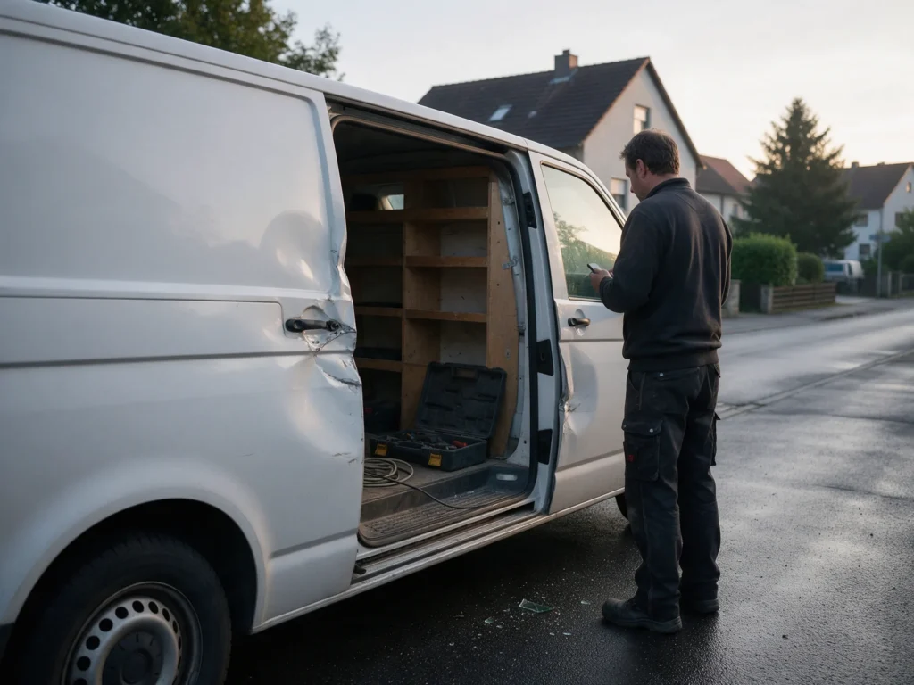 Handwerker am Morgen vor seinem Transporter mit aufgehebelter Schiebetür, im Laderaum leere Regale und ein offener Werkzeugkoffer