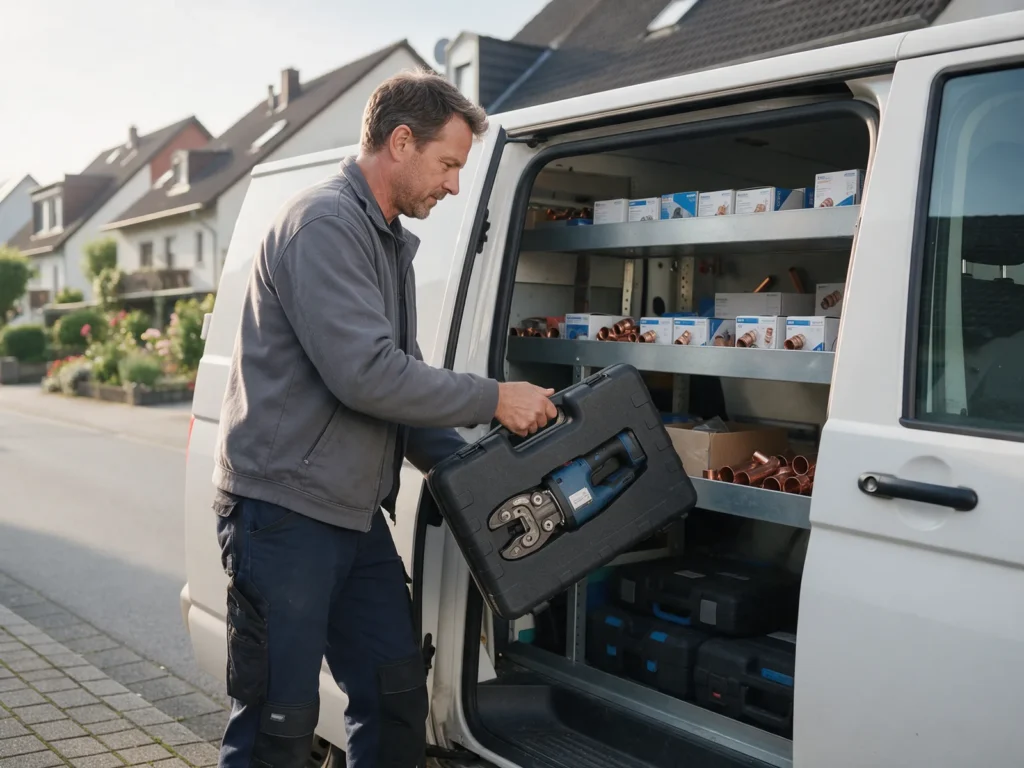 Installateur holt am Morgen den Koffer mit der Pressmaschine aus dem Kundendienstwagen, im Wagen Regale mit Pressfittings